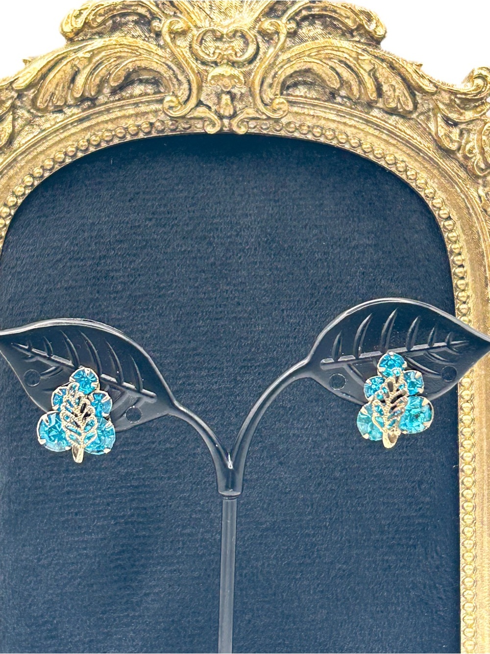 Vintage Aqua Blue Rhinestone Screw Back Earrings, Light Gold Tone Leaf Overlay